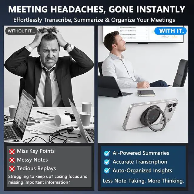 Alt view image 3 of 7 - AI Voice Recorder Designed as Magnetic Phone Stand, Real-Time Transcription in 100+ Languages, Smart Digital Audio Recorder Transcribe & Summarize Note Taker Lectures Meetings (Space Gray)