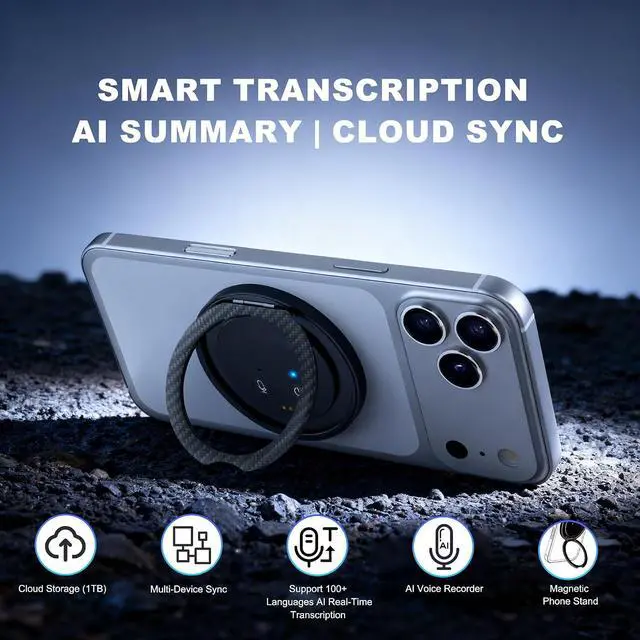 Alt view image 5 of 7 - AI Voice Recorder Designed as Magnetic Phone Stand, Real-Time Transcription in 100+ Languages, Smart Digital Audio Recorder Transcribe & Summarize Note Taker Lectures Meetings (Space Gray)