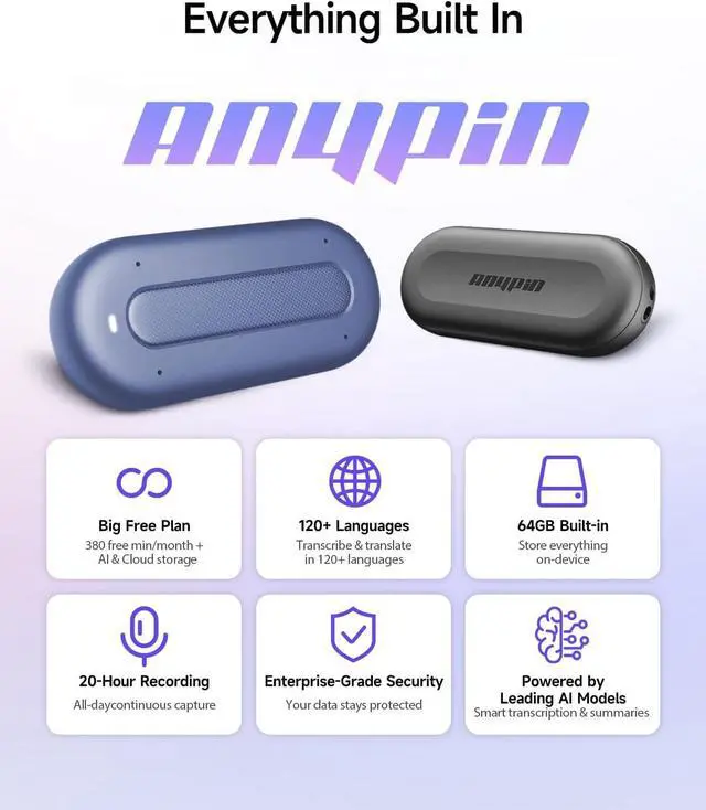 Alt view image 2 of 7 - Note Pod P1 Wearable AI Voice Recorder, Auto Transcribe & Summarize | AI Note Taker for Meetings & Calls, Real-Time Translation, 120+ Languages, 5-Day Battery, 64GB, App Control, Cosmic Blue