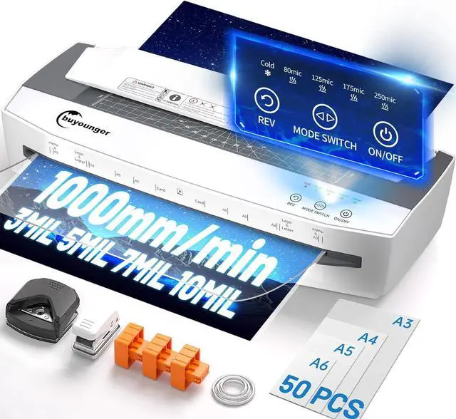 Main image of 3-10mil Commercial Laminator, 4-Roller 13 Inch Set with 50 Sheets | 1000mm/min Speed, 1 Min Warmup, REV Auto Reverse Jam Free, Hot Cold Modes, NTC Temp Control, All-in-1 for Office School Home