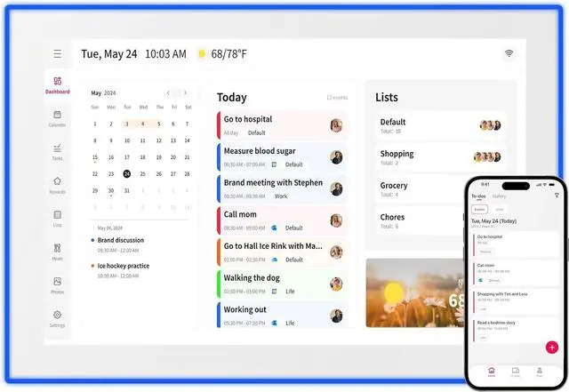 Main image of Moonka 10.1" Wall Planner Digital Calendar & Chore Chart with LED Reminder Light, Smart Full HD Touchscreen Interactive Display for Family Schedules, Meal Planner, To Do List