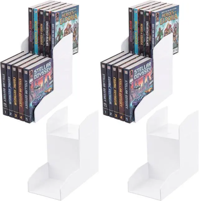 Main image of 4 Pack 2 Tier Manga Shelf Risers, ABS Double Row Comic Book Storage,White | Space Saving Deep Shelf Book Stand Organizer, Visible Spine,for Manga, Comic, Figurine,Magazine Display, Bookcase Bookshelf