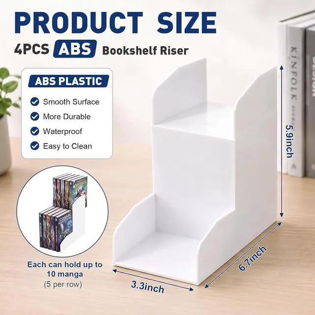 Alt view image 2 of 6 - 4 Pack 2 Tier Manga Shelf Risers, ABS Double Row Comic Book Storage,White | Space Saving Deep Shelf Book Stand Organizer, Visible Spine,for Manga, Comic, Figurine,Magazine Display, Bookcase Bookshelf