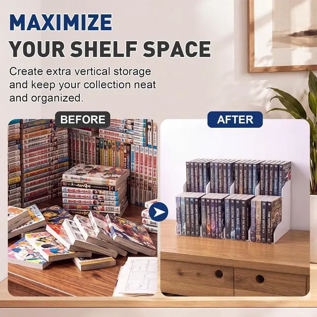 Alt view image 5 of 6 - 4 Pack 2 Tier Manga Shelf Risers, ABS Double Row Comic Book Storage,White | Space Saving Deep Shelf Book Stand Organizer, Visible Spine,for Manga, Comic, Figurine,Magazine Display, Bookcase Bookshelf