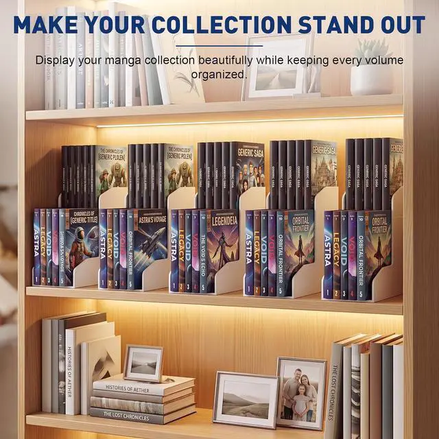 Alt view image 6 of 6 - 4 Pack 2 Tier Manga Shelf Risers, ABS Double Row Comic Book Storage,White | Space Saving Deep Shelf Book Stand Organizer, Visible Spine,for Manga, Comic, Figurine,Magazine Display, Bookcase Bookshelf
