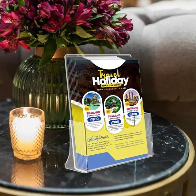 Alt view image 7 of 7 - 4 Pack Acrylic Brochure Holder 8.5 x 11 inches, Clear Acrylic Literature Holder, Plastic Flyer Stands for Displaying Magazines, Pamphlets, Documents, Booklets, Menu, Journals Countertop Organizer