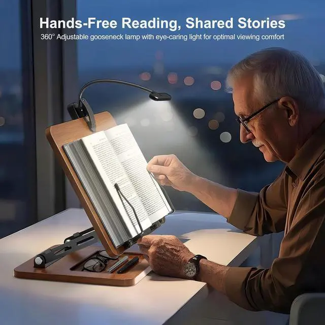 Alt view image 2 of 7 - Book Stand with Light, Hands Free Book Holder, Gifts Book Lovers | Hands Free, Adjustable Height Angle, Built-in Storage Tray, 3-Mode Reading Light, Foldable Metal Frame, Fits Cookbook Tablet