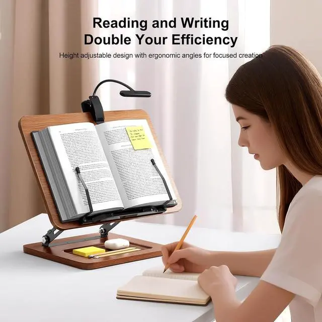 Alt view image 3 of 7 - Book Stand with Light, Hands Free Book Holder, Gifts Book Lovers | Hands Free, Adjustable Height Angle, Built-in Storage Tray, 3-Mode Reading Light, Foldable Metal Frame, Fits Cookbook Tablet