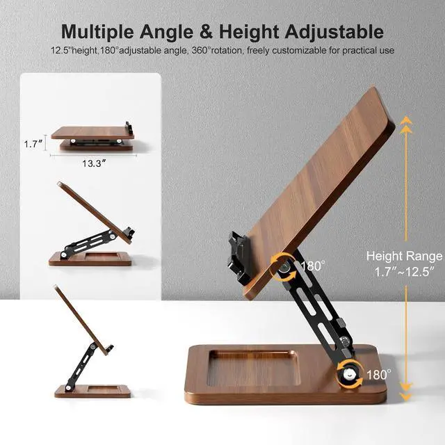 Alt view image 5 of 7 - Book Stand with Light, Hands Free Book Holder, Gifts Book Lovers | Hands Free, Adjustable Height Angle, Built-in Storage Tray, 3-Mode Reading Light, Foldable Metal Frame, Fits Cookbook Tablet