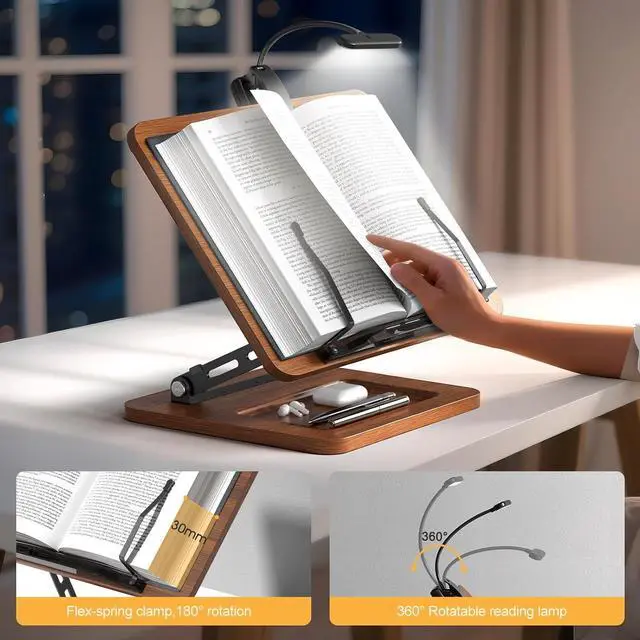 Alt view image 7 of 7 - Book Stand with Light, Hands Free Book Holder, Gifts Book Lovers | Hands Free, Adjustable Height Angle, Built-in Storage Tray, 3-Mode Reading Light, Foldable Metal Frame, Fits Cookbook Tablet