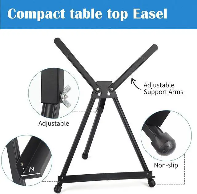 Alt view image 3 of 6 - 4 Pack 15" to 21" Tabletop Easel for Painting &Display | Black Aluminum Tripod with Rubber Feet, Holds Canvas, Paintings, Books, Photos, Signs