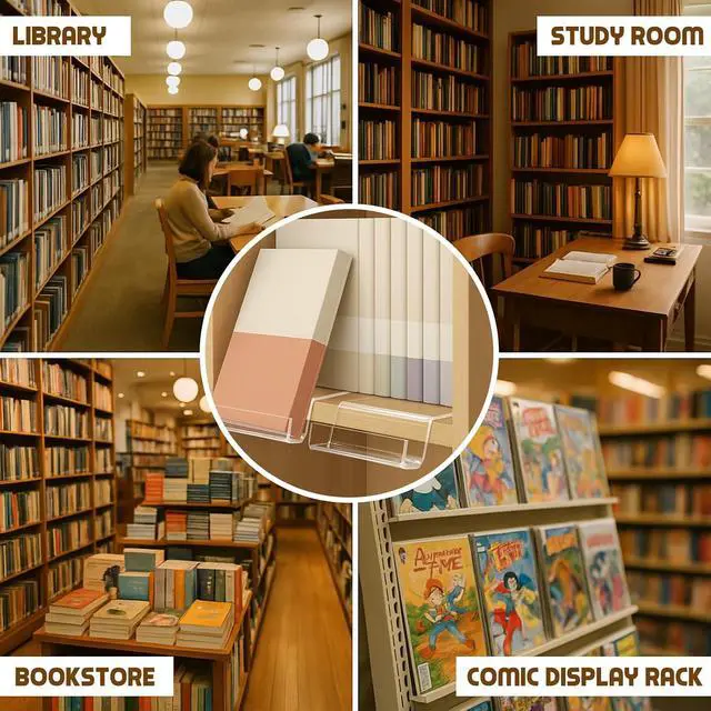 Alt view image 6 of 7 - 8 Pack Acrylic Book Stand for Display Bookcase Bookshelf Clear Display Holder Easel Collector Stand for Library Home Office Comic Album CD Magazine Postcard Artworks