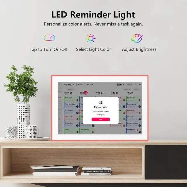 Alt view image 2 of 7 - Moonka 10.1" Wall Planner Digital Calendar & Chore Chart with LED Reminder Light, Smart Full HD Touchscreen Interactive Display for Family Schedules, Meal Planner, To Do List