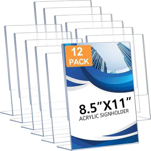 Main image of 12 Pack Acrylic Sign Holder 8.5 x 11, Clear Plastic Display Stands for Tabletop, L-Shape Acrylic Stands for Flyers, Documents, Office, Restaurants, Vertical Sign Holder 8.5x11 for Desktop