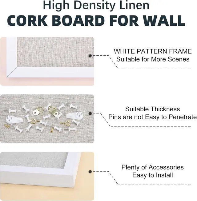 Alt view image 4 of 7 - Linen Cork Bulletin Board, 24"x 36", White Frame | Corkboard, Vision Board, Ideal for School, Home and Office