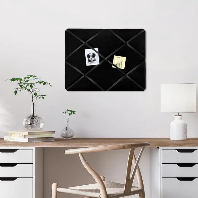 Alt view image 4 of 5 - Black Fabric Memo Bulletin Board, 23.6x17.7 inches Velvet Pin Board for Wall, Vision Board Message Board Cork Board with Criss-Cross Ribbons for Home Office School Wall Decor(BK Velvet,4560)