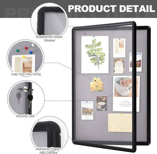 Alt view image 3 of 7 - 36 x 24 Inch Enclosed Fabric Bulletin Board Tamperproof Lockable Noticeboard Fabric&Aluminium Frame Display Cases Wall-Mounted Display Case for School, Office - Secure, Durable