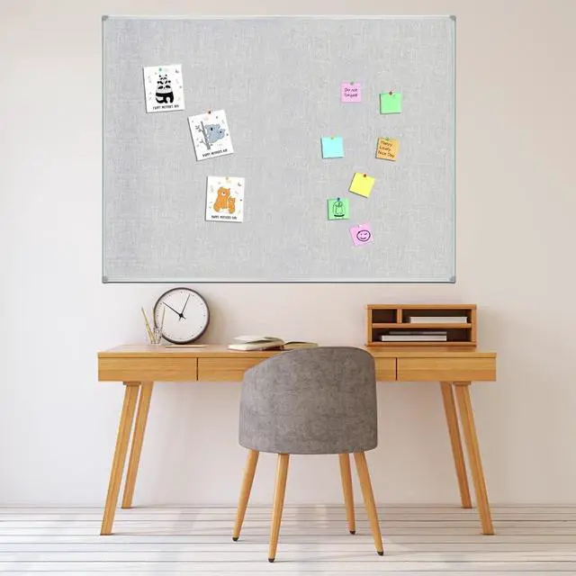 Alt view image 3 of 6 - Linen 48 x 36 Inch Cork Bulletin Board, Grey Linen Fabric Pinboard | Silver Aluminum Frame Message Notice Wall Mounted Cork Board for Home Kitchen Office Decorative
