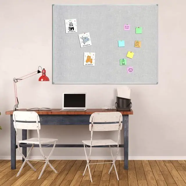 Alt view image 4 of 6 - Linen 48 x 36 Inch Cork Bulletin Board, Grey Linen Fabric Pinboard | Silver Aluminum Frame Message Notice Wall Mounted Cork Board for Home Kitchen Office Decorative
