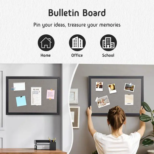 Alt view image 2 of 7 - Bulletin Board 36 x 24 Inch, 100% Wood Framed Canvas Cork Board with Grey Fabric, Wall Mounted Notice Board for Home Office School