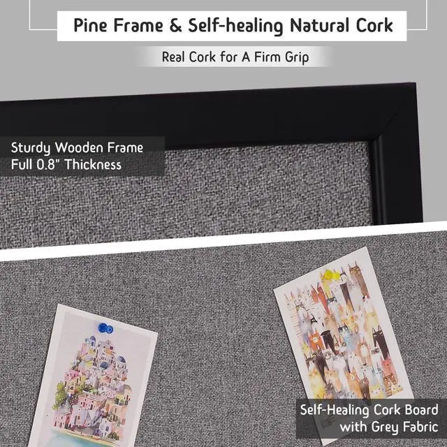 Alt view image 3 of 7 - Bulletin Board 36 x 24 Inch, 100% Wood Framed Canvas Cork Board with Grey Fabric, Wall Mounted Notice Board for Home Office School