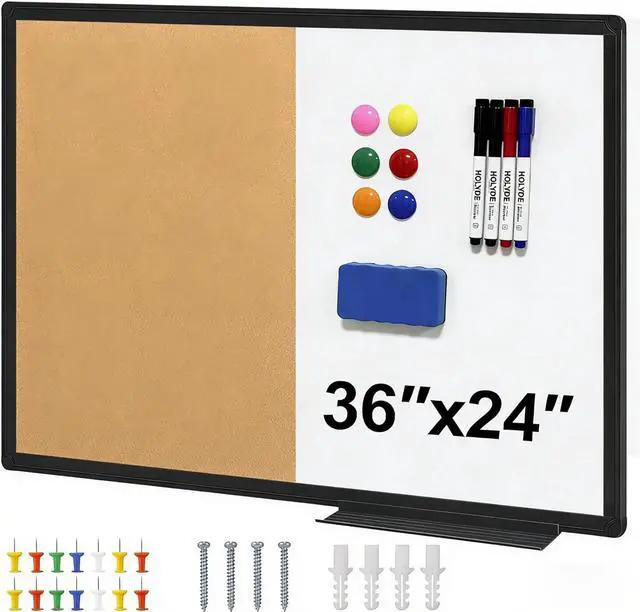 Main image of Cork Board White Board Combo, 36" X 24" Magnetic Whiteboard Bulletin Combination Board, Black Aluminum Frame Vision Board with Dry Erase Markers, Magnets, Eraser and Pushpins for Office, Home & School