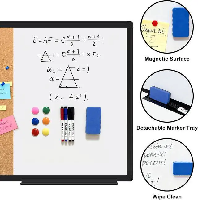 Alt view image 3 of 7 - Cork Board White Board Combo, 36" X 24" Magnetic Whiteboard Bulletin Combination Board, Black Aluminum Frame Vision Board with Dry Erase Markers, Magnets, Eraser and Pushpins for Office, Home & School