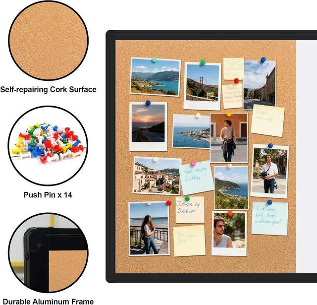 Alt view image 4 of 7 - Cork Board White Board Combo, 36" X 24" Magnetic Whiteboard Bulletin Combination Board, Black Aluminum Frame Vision Board with Dry Erase Markers, Magnets, Eraser and Pushpins for Office, Home & School