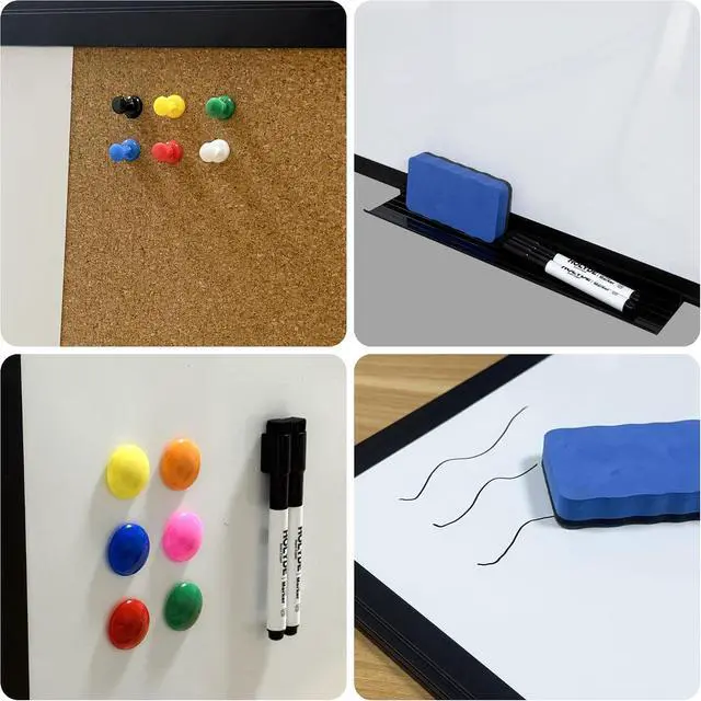 Alt view image 6 of 7 - Cork Board White Board Combo, 36" X 24" Magnetic Whiteboard Bulletin Combination Board, Black Aluminum Frame Vision Board with Dry Erase Markers, Magnets, Eraser and Pushpins for Office, Home & School