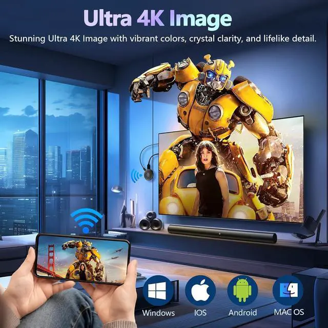 Alt view image 2 of 7 - True 4K Wireless Display Adapter, Plug & Play, HDMI Dongle 5G+2.4G Wireless Screen Mirroring Cast from Smartphone Tablet Laptop PC to HDTV/Monitor/Projector, Support AirPlay DLNA Miracast