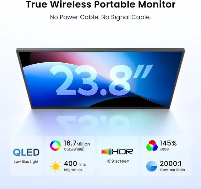 Alt view image 2 of 7 - 23.8" 1080P 100Hz Wireless Portable Monitor with Battery 10000mAh | 145% sRGB QLED Gaming Monitor with Stand, Bag & VESA, Large Second Screen for Laptop, Computer, Phone, Game Consoles