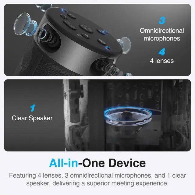 Alt view image 4 of 7 - 360 All-in-One Meeting Camera - 360° Conference Cam for PC Mac, Speaker & Mic Array, Auto Speaker Focus, 1080P Output, AI Voice Isolation, Local Recording,Compatible with Webex/Zoom/Teams/Meet