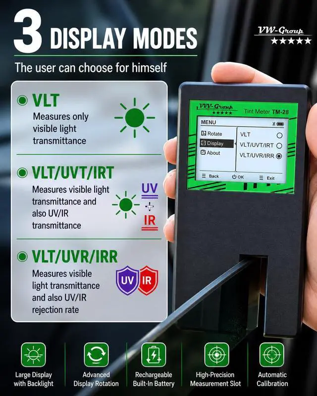 Alt view image 2 of 7 - Tint Meter TM-28 Digital Window Tint Tester with 3-in-1 VLT, UVR & IRR Measurement, 15mm (0.56in) Slot, Auto Calibration, Rotatable Backlit Display, Rechargeable Battery