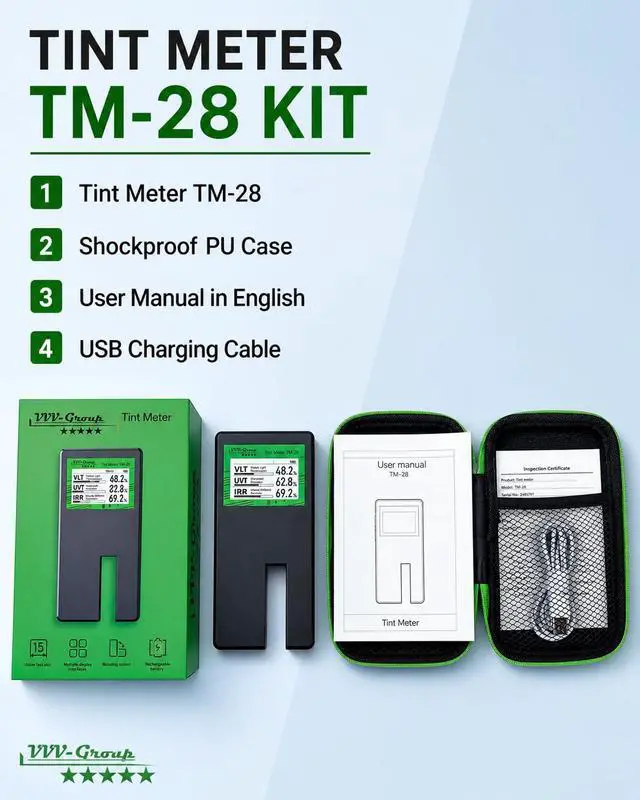 Alt view image 3 of 7 - Tint Meter TM-28 Digital Window Tint Tester with 3-in-1 VLT, UVR & IRR Measurement, 15mm (0.56in) Slot, Auto Calibration, Rotatable Backlit Display, Rechargeable Battery
