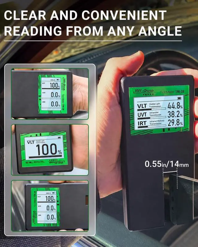 Alt view image 4 of 7 - Tint Meter TM-28 Digital Window Tint Tester with 3-in-1 VLT, UVR & IRR Measurement, 15mm (0.56in) Slot, Auto Calibration, Rotatable Backlit Display, Rechargeable Battery