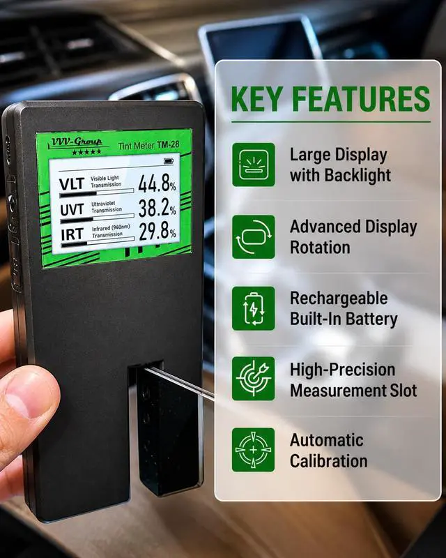 Alt view image 5 of 7 - Tint Meter TM-28 Digital Window Tint Tester with 3-in-1 VLT, UVR & IRR Measurement, 15mm (0.56in) Slot, Auto Calibration, Rotatable Backlit Display, Rechargeable Battery