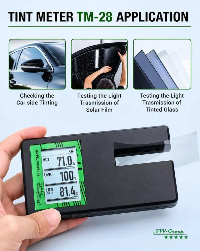 Alt view image 6 of 7 - Tint Meter TM-28 Digital Window Tint Tester with 3-in-1 VLT, UVR & IRR Measurement, 15mm (0.56in) Slot, Auto Calibration, Rotatable Backlit Display, Rechargeable Battery