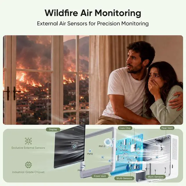 Alt view image 2 of 7 - 16 in 1 Air Quality Monitor Indoor Real-Time Wildfire CO2 Monitor | Portable Real-Time Display 9 AQI + 7 Alerts CO2, TVOC, PM2.5 PM1.0 PM10, HCHO Temperature Humidity AQI & Time, Home Office