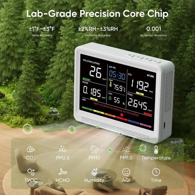 Alt view image 3 of 7 - 16 in 1 Air Quality Monitor Indoor Real-Time Wildfire CO2 Monitor | Portable Real-Time Display 9 AQI + 7 Alerts CO2, TVOC, PM2.5 PM1.0 PM10, HCHO Temperature Humidity AQI & Time, Home Office