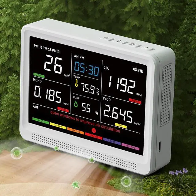 Main image of 16 in 1 Air Quality Monitor Indoor Real-Time Wildfire CO2 Monitor | Portable Real-Time Display 9 AQI + 7 Alerts CO2, TVOC, PM2.5 PM1.0 PM10, HCHO Temperature Humidity AQI & Time, Home Office