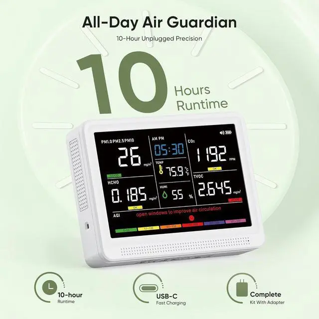 Alt view image 4 of 7 - 16 in 1 Air Quality Monitor Indoor Real-Time Wildfire CO2 Monitor | Portable Real-Time Display 9 AQI + 7 Alerts CO2, TVOC, PM2.5 PM1.0 PM10, HCHO Temperature Humidity AQI & Time, Home Office