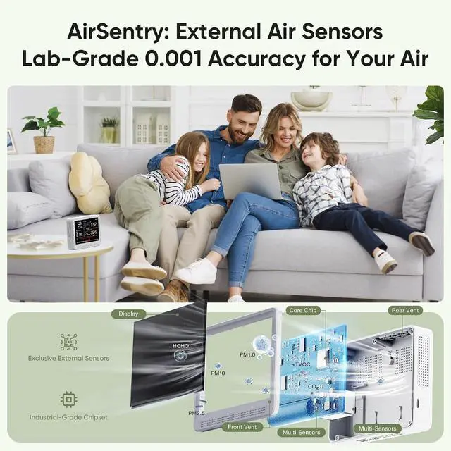 Alt view image 6 of 7 - 16 in 1 Air Quality Monitor Indoor Real-Time Wildfire CO2 Monitor | Portable Real-Time Display 9 AQI + 7 Alerts CO2, TVOC, PM2.5 PM1.0 PM10, HCHO Temperature Humidity AQI & Time, Home Office