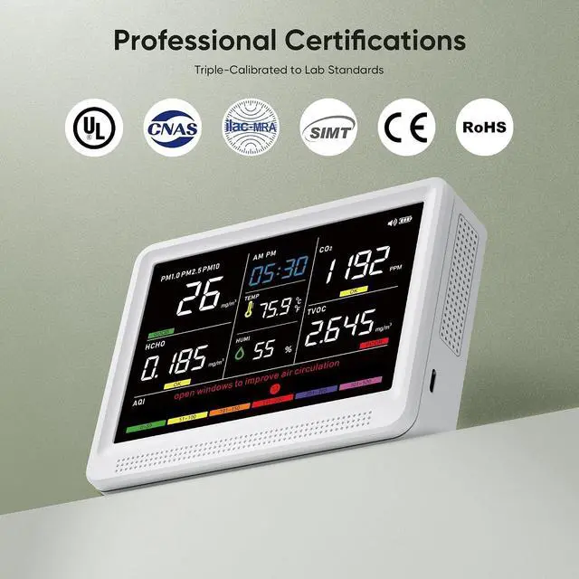 Alt view image 7 of 7 - 16 in 1 Air Quality Monitor Indoor Real-Time Wildfire CO2 Monitor | Portable Real-Time Display 9 AQI + 7 Alerts CO2, TVOC, PM2.5 PM1.0 PM10, HCHO Temperature Humidity AQI & Time, Home Office
