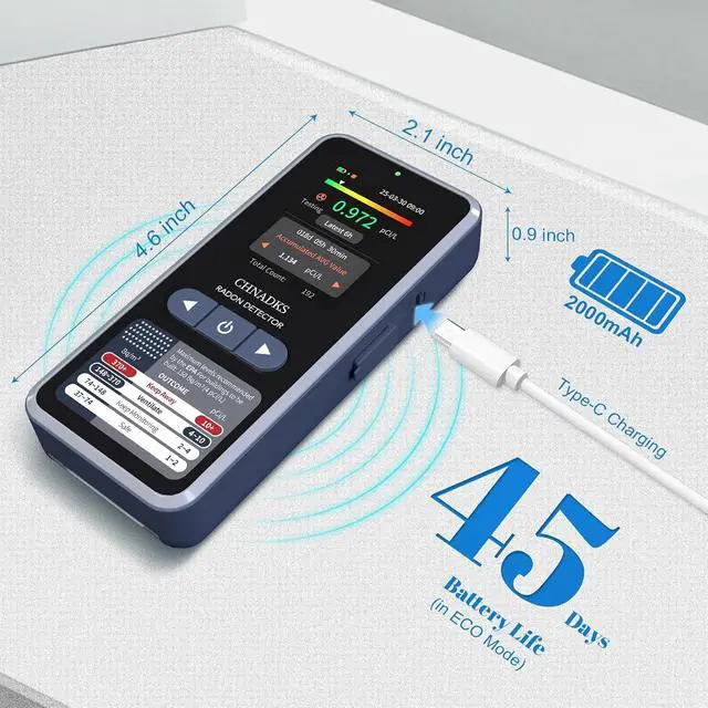 Alt view image 4 of 7 - RM-66 Radon Detector for Home, Portable Radon Monitor with TFT Color Display, Audible & Visual Alarm, Easy-to-Use, Rechargeable Type-C, Long-Term Monitoring in pCi/L or Bq/m³