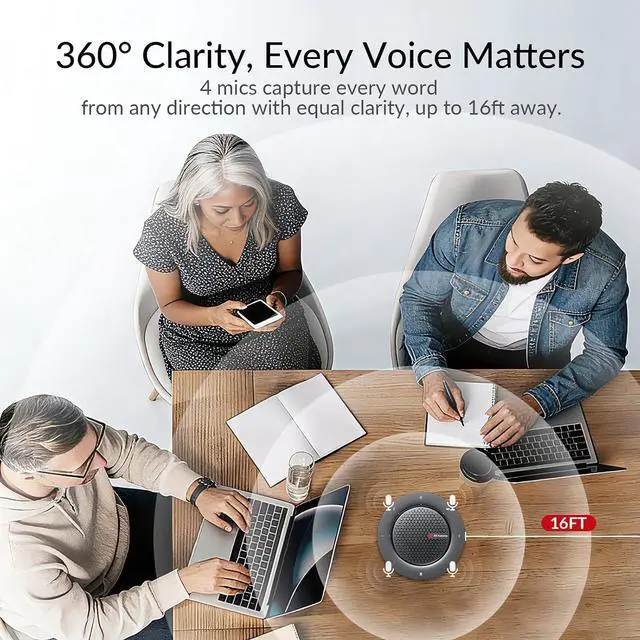 Alt view image 3 of 7 - Bluetooth Conference Speakerphone, 360° 4-Mic Pickup, USB & Wireless | Noise Cancelling, 10H Battery, Touch Controls, Plug & Play for Zoom/Teams Meetings(48 People), Compact for Remote Work