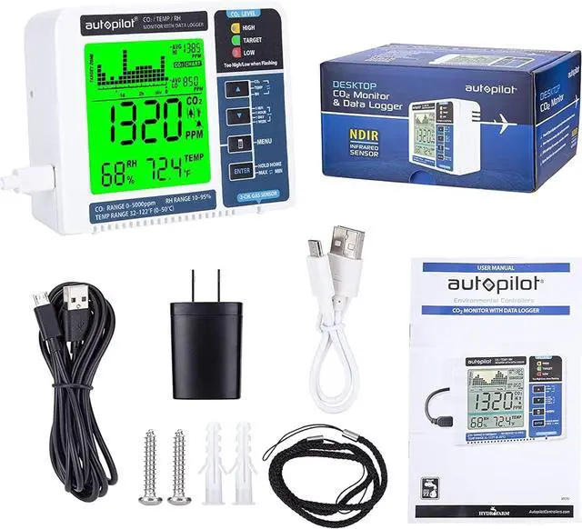 Alt view image 6 of 7 - Autopilot Desktop CO2 Monitor & Data Logger | 2 Channel NDIR Gas Sensor, LED Display with Trend Chart, Logs 24 Hour or 7 Day History, Audible High and Low Alarm