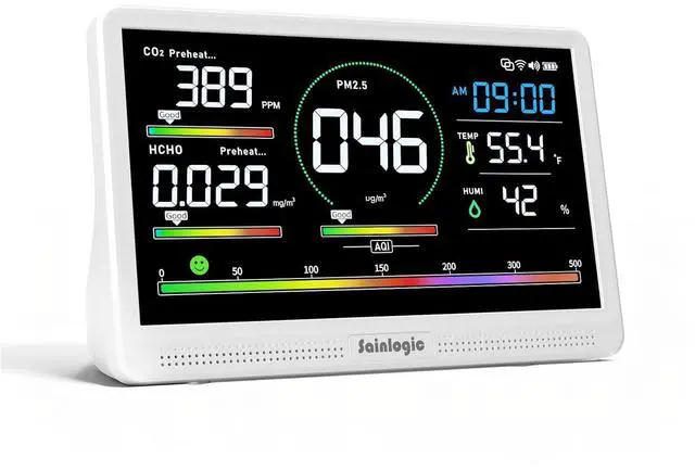 Main image of Sainlogic Air Quality Monitor Indoor, 16 in 1 VOC Meter, CO2, HCHO, TVOC, PM2.5, PM1.0, PM10, Humidity, Temperature, 7.2" Large Display 3-Color AQI Alerts Air Quality Tester for Home Air Monitor
