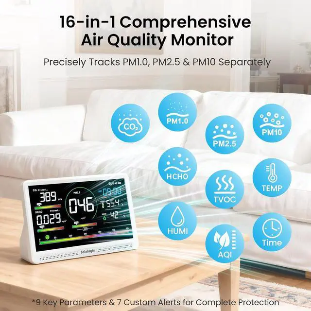 Alt view image 2 of 7 - Sainlogic Air Quality Monitor Indoor, 16 in 1 VOC Meter, CO2, HCHO, TVOC, PM2.5, PM1.0, PM10, Humidity, Temperature, 7.2" Large Display 3-Color AQI Alerts Air Quality Tester for Home Air Monitor