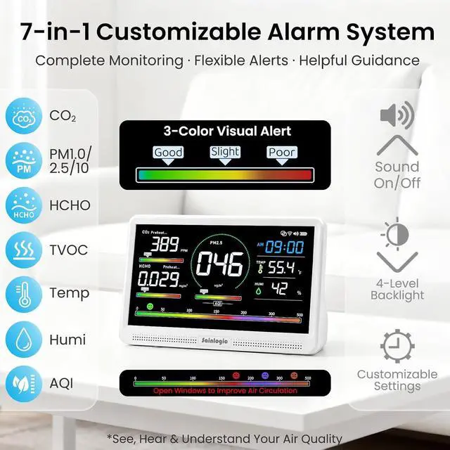 Alt view image 5 of 7 - Sainlogic Air Quality Monitor Indoor, 16 in 1 VOC Meter, CO2, HCHO, TVOC, PM2.5, PM1.0, PM10, Humidity, Temperature, 7.2" Large Display 3-Color AQI Alerts Air Quality Tester for Home Air Monitor