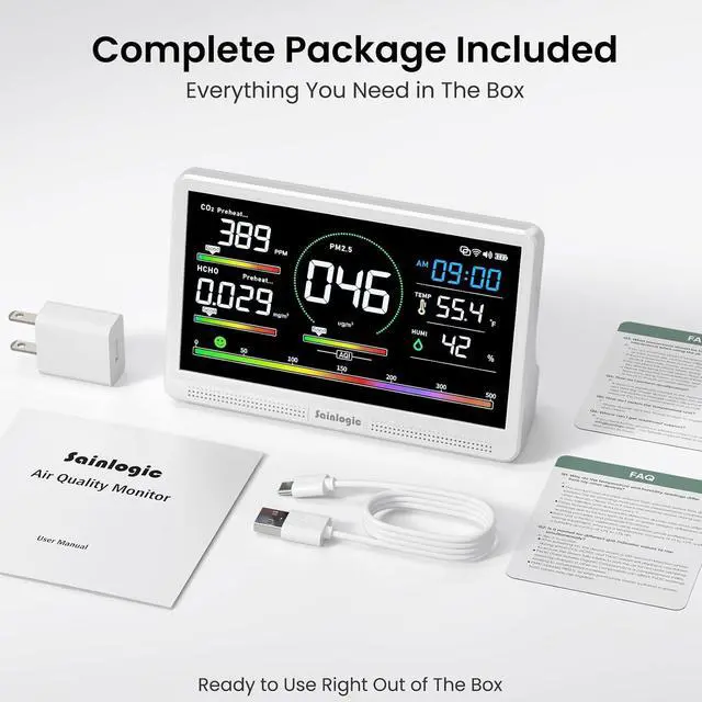 Alt view image 7 of 7 - Sainlogic Air Quality Monitor Indoor, 16 in 1 VOC Meter, CO2, HCHO, TVOC, PM2.5, PM1.0, PM10, Humidity, Temperature, 7.2" Large Display 3-Color AQI Alerts Air Quality Tester for Home Air Monitor